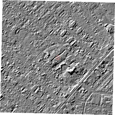 Shaded relief map of the ground around HU88PB, computed from Environment Agency LiDAR. The ground here sits at about 2 m above sea level and falls 4 m across the surrounding 800 m. The ground contributing surface water to this point lies to the west.