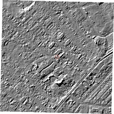 Shaded relief map of the ground around HU88PD, computed from Environment Agency LiDAR. The ground here sits at about 2 m above sea level and falls 4 m across the surrounding 800 m. Surface water reaching this point runs off ground lying to the east-north-east, 0.9 m higher.
