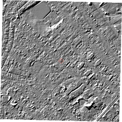 Shaded relief map of the ground around HU88PE, computed from Environment Agency LiDAR. The ground here sits at about 2 m above sea level and falls 4 m across the surrounding 800 m. Surface water reaching this point runs off ground lying to the east-south-east, 2.3 m higher.