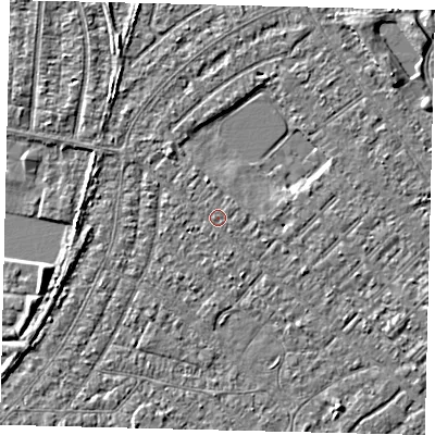 Shaded relief map of the ground around HU88PF, computed from Environment Agency LiDAR. The ground here sits at about 2 m above sea level and falls 3 m across the surrounding 800 m. Surface water reaching this point runs off ground lying to the south-south-east, 0.6 m higher.