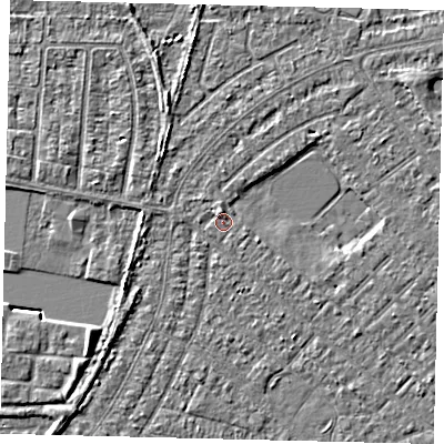Shaded relief map of the ground around HU88PG, computed from Environment Agency LiDAR. The ground here sits at about 2 m above sea level and falls 3 m across the surrounding 800 m. Surface water reaching this point runs off ground lying to the north, 2.2 m higher.