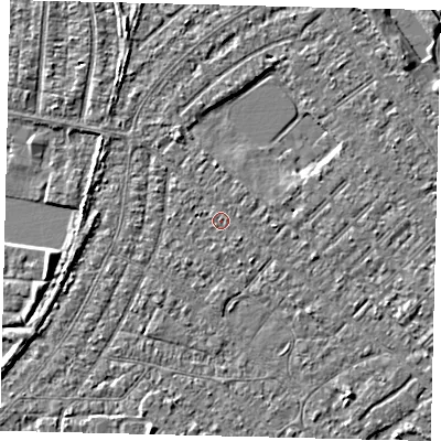 Shaded relief map of the ground around HU88PH, computed from Environment Agency LiDAR. The ground here sits at about 2 m above sea level and falls 3 m across the surrounding 800 m. Surface water reaching this point runs off ground lying to the south-east, 0.6 m higher.