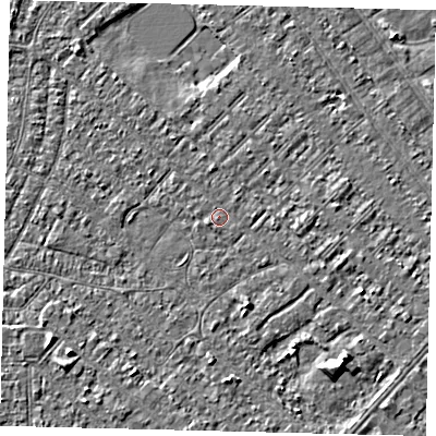 Shaded relief map of the ground around HU88PJ, computed from Environment Agency LiDAR. The ground here sits at about 2 m above sea level and falls 4 m across the surrounding 800 m. Surface water reaching this point runs off ground lying to the east-south-east, 2.3 m higher.