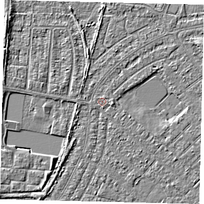 Shaded relief map of the ground around HU88PQ, computed from Environment Agency LiDAR. The ground here sits at about 2 m above sea level and falls 3 m across the surrounding 800 m. Surface water reaching this point runs off ground lying to the east, 0.9 m higher.