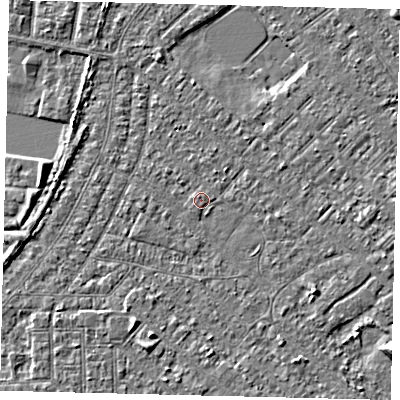 Shaded relief map of the ground around HU88PR, computed from Environment Agency LiDAR. The ground here sits at about 2 m above sea level and falls 4 m across the surrounding 800 m. Surface water reaching this point runs off ground lying to the north-west, 0.6 m higher.