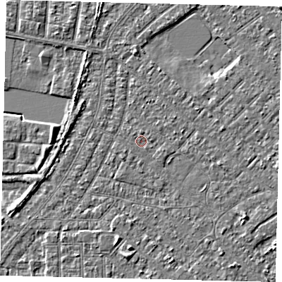 Shaded relief map of the ground around HU88PS, computed from Environment Agency LiDAR. The ground here sits at about 2 m above sea level and falls 3 m across the surrounding 800 m. Surface water reaching this point runs off ground lying to the north, 0.6 m higher.