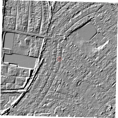 Shaded relief map of the ground around HU88PT, computed from Environment Agency LiDAR. The ground here sits at about 2 m above sea level and falls 4 m across the surrounding 800 m. Surface water reaching this point runs off ground lying to the west, 2.0 m higher.