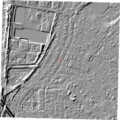 Shaded relief map of the ground around HU88PU, computed from Environment Agency LiDAR. The ground here sits at about 2 m above sea level and falls 8 m across the surrounding 800 m. Surface water reaching this point runs off ground lying to the south-west, 7.6 m higher.