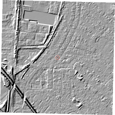 Shaded relief map of the ground around HU88PY, computed from Environment Agency LiDAR. The ground here sits at about 2 m above sea level and falls 9 m across the surrounding 800 m. Surface water reaching this point runs off ground lying to the south-east, 1.7 m higher.