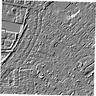 Shaded relief map of the ground around HU88PZ, computed from Environment Agency LiDAR. The ground here sits at about 2 m above sea level and falls 3 m across the surrounding 800 m. Surface water reaching this point runs off ground lying to the north-west, 2.0 m higher.