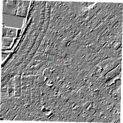 Shaded relief map of the ground around HU88QB, computed from Environment Agency LiDAR. The ground here sits at about 2 m above sea level and falls 6 m across the surrounding 800 m. Surface water reaching this point runs off ground lying to the south-east, 1.3 m higher.