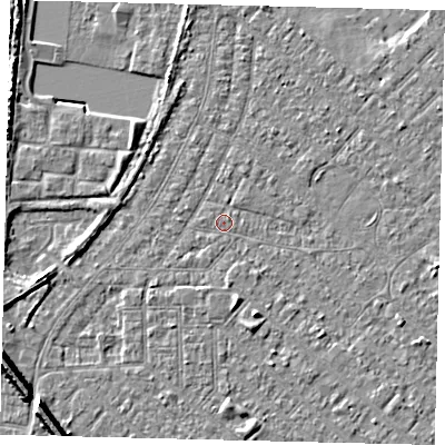 Shaded relief map of the ground around HU88QD, computed from Environment Agency LiDAR. The ground here sits at about 2 m above sea level and falls 8 m across the surrounding 800 m. Surface water reaching this point runs off ground lying to the south, 1.7 m higher.