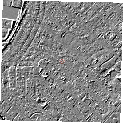 Shaded relief map of the ground around HU88QE, computed from Environment Agency LiDAR. The ground here sits at about 2 m above sea level and falls 6 m across the surrounding 800 m. The ground contributing surface water to this point lies to the south-east.