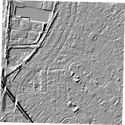 Shaded relief map of the ground around HU88QL, computed from Environment Agency LiDAR. The ground here sits at about 2 m above sea level and falls 8 m across the surrounding 800 m. Surface water reaching this point runs off ground lying to the south-east, 1.4 m higher.