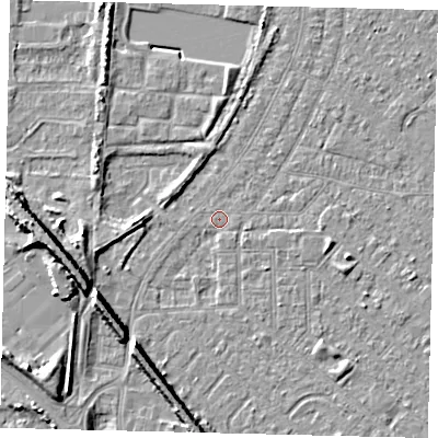 Shaded relief map of the ground around HU88QN, computed from Environment Agency LiDAR. The ground here sits at about 2 m above sea level and falls 9 m across the surrounding 800 m. Surface water reaching this point runs off ground lying to the south-south-west, 6.3 m higher.