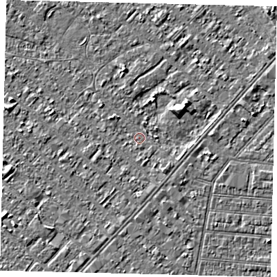 Shaded relief map of the ground around HU88QP, computed from Environment Agency LiDAR. The ground here sits at about 2 m above sea level and falls 3 m across the surrounding 800 m. Surface water reaching this point runs off ground lying to the south-east, 1.1 m higher.