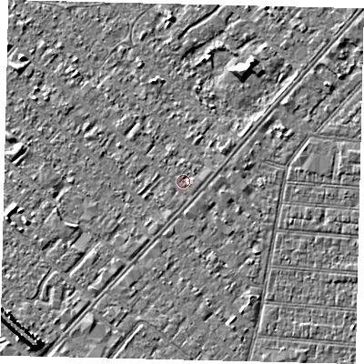 Shaded relief map of the ground around HU88QQ, computed from Environment Agency LiDAR. The ground here sits at about 2 m above sea level and falls 7 m across the surrounding 800 m. The ground contributing surface water to this point lies to the east-south-east.