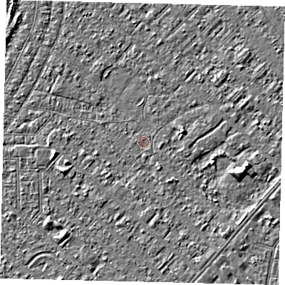 Shaded relief map of the ground around HU88QS, computed from Environment Agency LiDAR. The ground here sits at about 2 m above sea level and falls 4 m across the surrounding 800 m. Surface water reaching this point runs off ground lying to the south-east, 1.2 m higher.