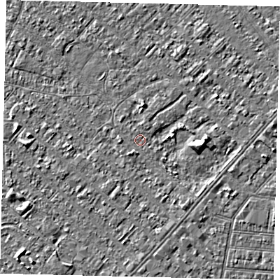 Shaded relief map of the ground around HU88QT, computed from Environment Agency LiDAR. The ground here sits at about 2 m above sea level and falls 3 m across the surrounding 800 m. Surface water reaching this point runs off ground lying to the east, 3.3 m higher.