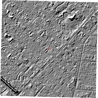 Shaded relief map of the ground around HU88QW, computed from Environment Agency LiDAR. The ground here sits at about 2 m above sea level and falls 7 m across the surrounding 800 m. The ground contributing surface water to this point lies to the east-south-east.
