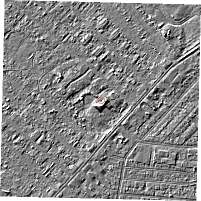 Shaded relief map of the ground around HU88QX, computed from Environment Agency LiDAR. The ground here sits at about 2 m above sea level and falls 3 m across the surrounding 800 m. Surface water reaching this point runs off ground lying to the east-south-east, 2.9 m higher.