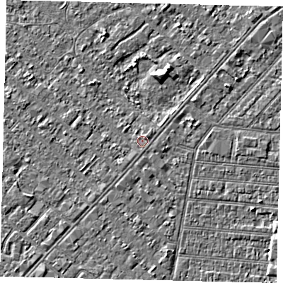 Shaded relief map of the ground around HU88QY, computed from Environment Agency LiDAR. The ground here sits at about 2 m above sea level and falls 4 m across the surrounding 800 m. Surface water reaching this point runs off ground lying to the north-east, 0.8 m higher.