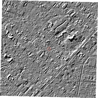 Shaded relief map of the ground around HU88RB, computed from Environment Agency LiDAR. The ground here sits at about 2 m above sea level and falls 3 m across the surrounding 800 m. Surface water reaching this point runs off ground lying to the east-south-east, 1.1 m higher.