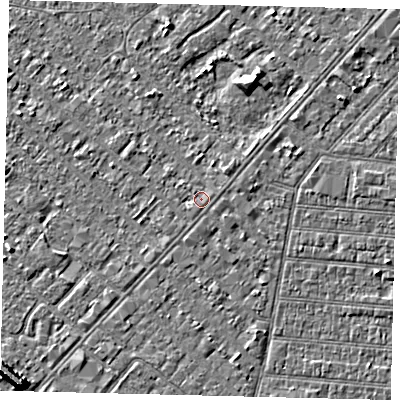 Shaded relief map of the ground around HU88RD, computed from Environment Agency LiDAR. The ground here sits at about 2 m above sea level and falls 7 m across the surrounding 800 m. The ground contributing surface water to this point lies to the south.