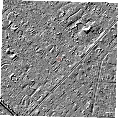 Shaded relief map of the ground around HU88RE, computed from Environment Agency LiDAR. The ground here sits at about 2 m above sea level and falls 6 m across the surrounding 800 m. The ground contributing surface water to this point lies to the south-east.