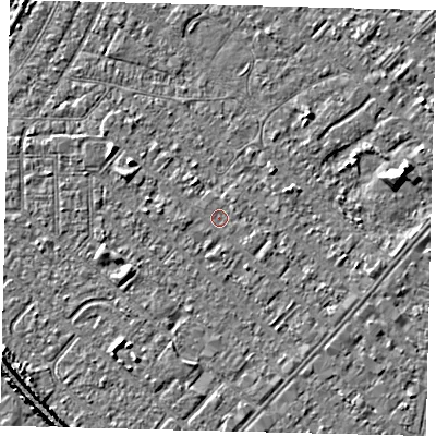 Shaded relief map of the ground around HU88RF, computed from Environment Agency LiDAR. The ground here sits at about 2 m above sea level and falls 6 m across the surrounding 800 m. Surface water reaching this point runs off ground lying to the south-east, 0.6 m higher.
