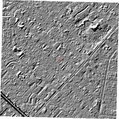 Shaded relief map of the ground around HU88RG, computed from Environment Agency LiDAR. The ground here sits at about 2 m above sea level and falls 6 m across the surrounding 800 m. The ground contributing surface water to this point lies to the north-west.
