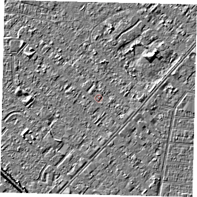 Shaded relief map of the ground around HU88RH, computed from Environment Agency LiDAR. The ground here sits at about 2 m above sea level and falls 6 m across the surrounding 800 m. The ground contributing surface water to this point lies to the south-east.