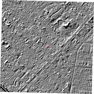 Shaded relief map of the ground around HU88RJ, computed from Environment Agency LiDAR. The ground here sits at about 2 m above sea level and falls 6 m across the surrounding 800 m. Surface water reaching this point runs off ground lying to the south-east, 0.7 m higher.
