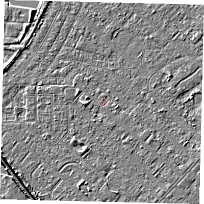 Shaded relief map of the ground around HU88RQ, computed from Environment Agency LiDAR. The ground here sits at about 2 m above sea level and falls 7 m across the surrounding 800 m. Surface water reaching this point runs off ground lying to the south-south-east, 0.6 m higher.