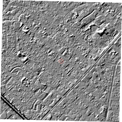 Shaded relief map of the ground around HU88RW, computed from Environment Agency LiDAR. The ground here sits at about 2 m above sea level and falls 6 m across the surrounding 800 m. Surface water reaching this point runs off ground lying to the north-north-west, 0.6 m higher.