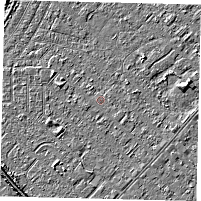 Shaded relief map of the ground around HU88RX, computed from Environment Agency LiDAR. The ground here sits at about 2 m above sea level and falls 5 m across the surrounding 800 m. Surface water reaching this point runs off ground lying to the south-east, 0.6 m higher.