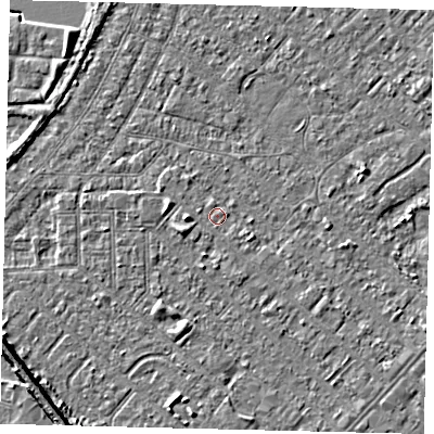 Shaded relief map of the ground around HU88RY, computed from Environment Agency LiDAR. The ground here sits at about 2 m above sea level and falls 7 m across the surrounding 800 m. Surface water reaching this point runs off ground lying to the east-south-east, 1.1 m higher.