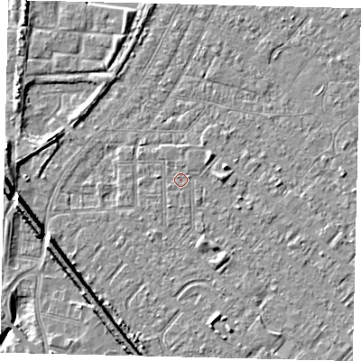 Shaded relief map of the ground around HU88SB, computed from Environment Agency LiDAR. The ground here sits at about 2 m above sea level and falls 9 m across the surrounding 800 m. Surface water reaching this point runs off ground lying to the north, 0.5 m higher.