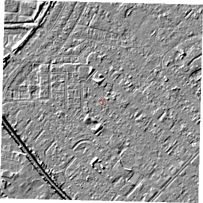 Shaded relief map of the ground around HU88SE, computed from Environment Agency LiDAR. The ground here sits at about 2 m above sea level and falls 7 m across the surrounding 800 m. Surface water reaching this point runs off ground lying to the north, 1.9 m higher.