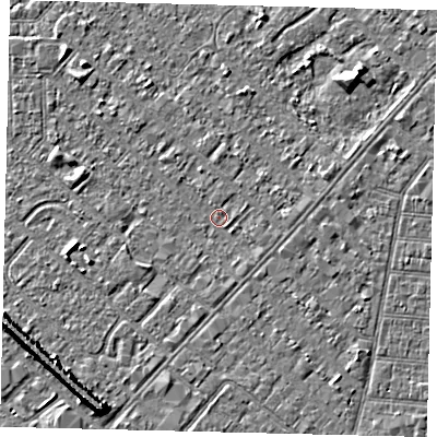 Shaded relief map of the ground around HU88SG, computed from Environment Agency LiDAR. The ground here sits at about 2 m above sea level and falls 7 m across the surrounding 800 m. Surface water reaching this point runs off ground lying to the east-south-east, 0.6 m higher.
