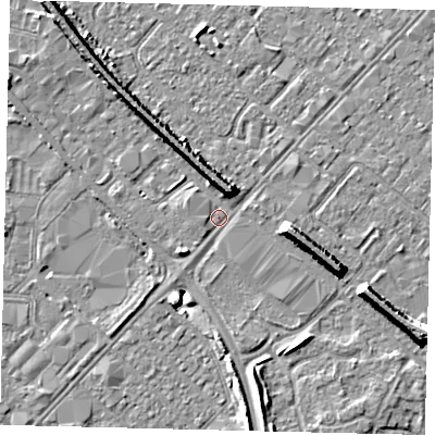 Shaded relief map of the ground around HU88SR, computed from Environment Agency LiDAR. The ground here sits at about 3 m above sea level and falls 8 m across the surrounding 800 m. Surface water reaching this point runs off ground lying to the north-north-east, 6.4 m higher.