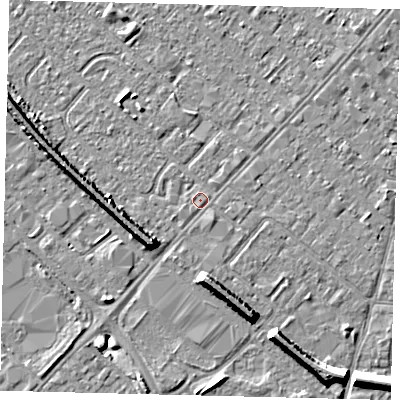 Shaded relief map of the ground around HU88TB, computed from Environment Agency LiDAR. The ground here sits at about 3 m above sea level and falls 8 m across the surrounding 800 m. Surface water reaching this point runs off ground lying to the south-east, 0.8 m higher.