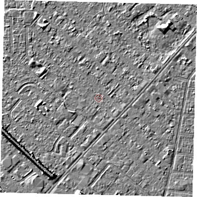 Shaded relief map of the ground around HU88TG, computed from Environment Agency LiDAR. The ground here sits at about 2 m above sea level and falls 7 m across the surrounding 800 m. Surface water reaching this point runs off ground lying to the east, 0.6 m higher.