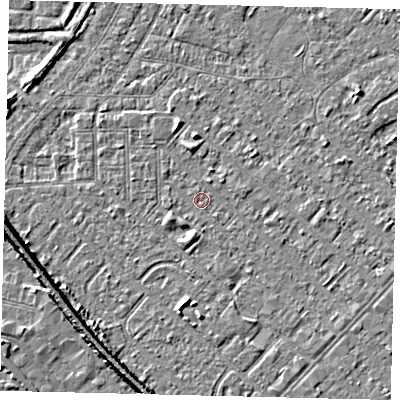 Shaded relief map of the ground around HU88TH, computed from Environment Agency LiDAR. The ground here sits at about 2 m above sea level and falls 6 m across the surrounding 800 m. Surface water reaching this point runs off ground lying to the north, 1.9 m higher.
