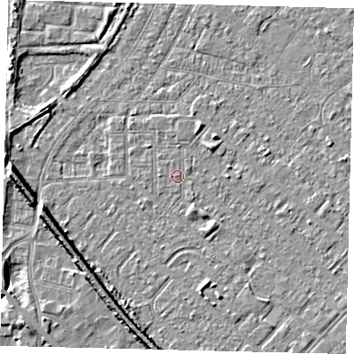 Shaded relief map of the ground around HU88TJ, computed from Environment Agency LiDAR. The ground here sits at about 2 m above sea level and falls 9 m across the surrounding 800 m. The ground contributing surface water to this point lies to the north-north-west.