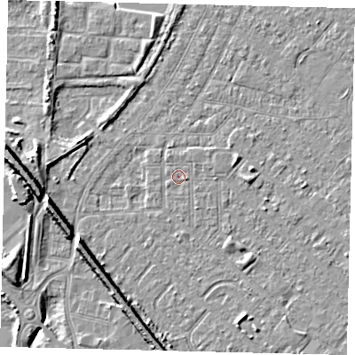 Shaded relief map of the ground around HU88TP, computed from Environment Agency LiDAR. The ground here sits at about 2 m above sea level and falls 9 m across the surrounding 800 m. Surface water reaching this point runs off ground lying to the east-south-east, 0.8 m higher.