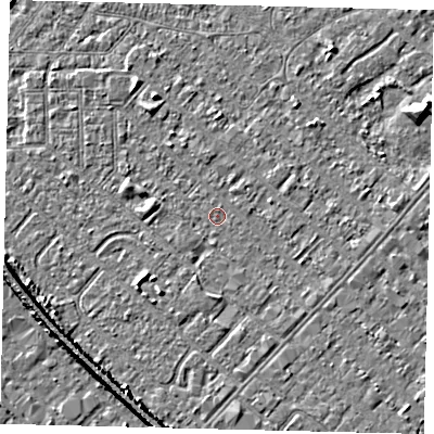 Shaded relief map of the ground around HU88TQ, computed from Environment Agency LiDAR. The ground here sits at about 2 m above sea level and falls 6 m across the surrounding 800 m. Surface water reaching this point runs off ground lying to the east-south-east, 0.6 m higher.