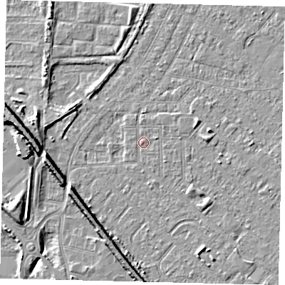 Shaded relief map of the ground around HU88TS, computed from Environment Agency LiDAR. The ground here sits at about 2 m above sea level and falls 9 m across the surrounding 800 m. Surface water reaching this point runs off ground lying to the east-north-east, 0.8 m higher.