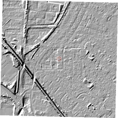 Shaded relief map of the ground around HU88TT, computed from Environment Agency LiDAR. The ground here sits at about 2 m above sea level and falls 9 m across the surrounding 800 m. Surface water reaching this point runs off ground lying to the south-east, 2.4 m higher.