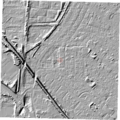 Shaded relief map of the ground around HU88TU, computed from Environment Agency LiDAR. The ground here sits at about 2 m above sea level and falls 9 m across the surrounding 800 m. Surface water reaching this point runs off ground lying to the south-east, 2.4 m higher.